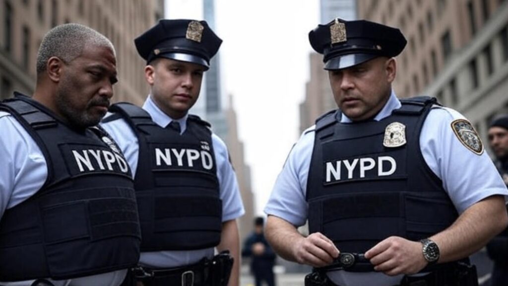 "NYPD officers gather outside the Blackstone building, securing the perimeter after the shooting."

