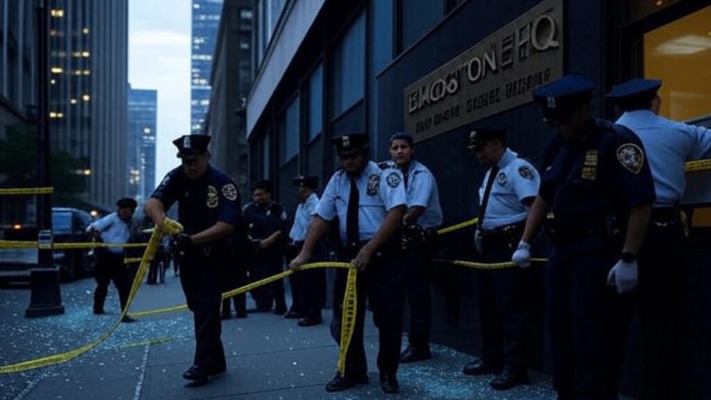 Crime scene outside Blackstone HQ with shattered glass, police tape, and investigators on site.