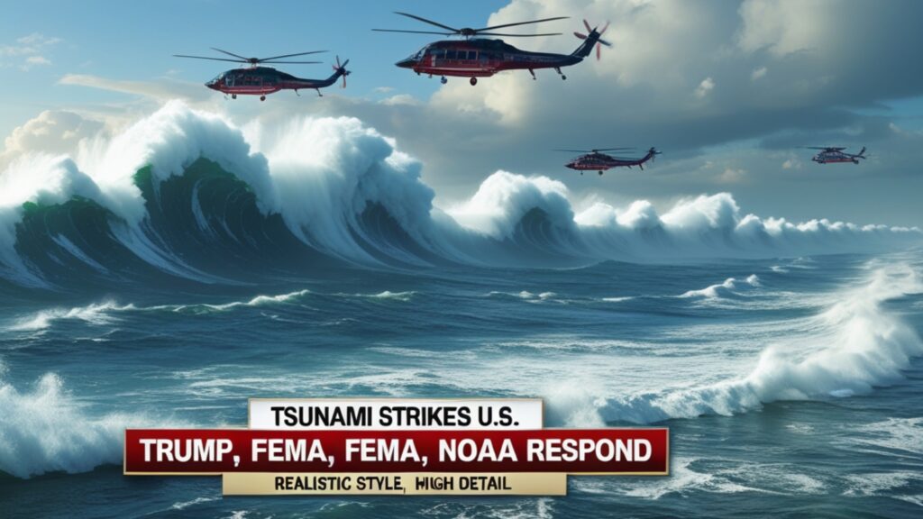 Massive tsunami waves crashing onto U.S. coastline as emergency crews respond, with Donald Trump addressing the nation and FEMA rescue helicopters in action