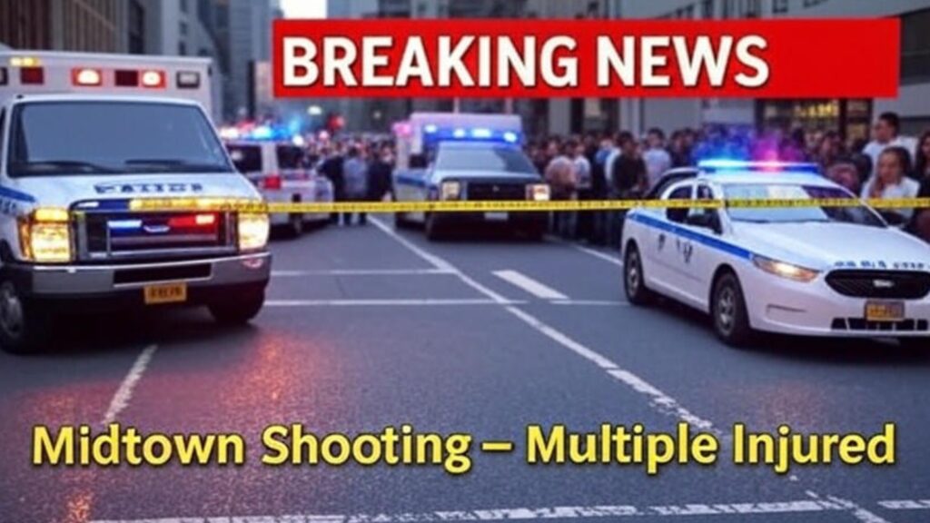 "Breaking news scene of Midtown Manhattan shooting with police cars, flashing lights, and crime scene tape – multiple people injured in NYC incident."