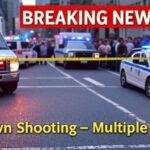 "Breaking news scene of Midtown Manhattan shooting with police cars, flashing lights, and crime scene tape – multiple people injured in NYC incident."