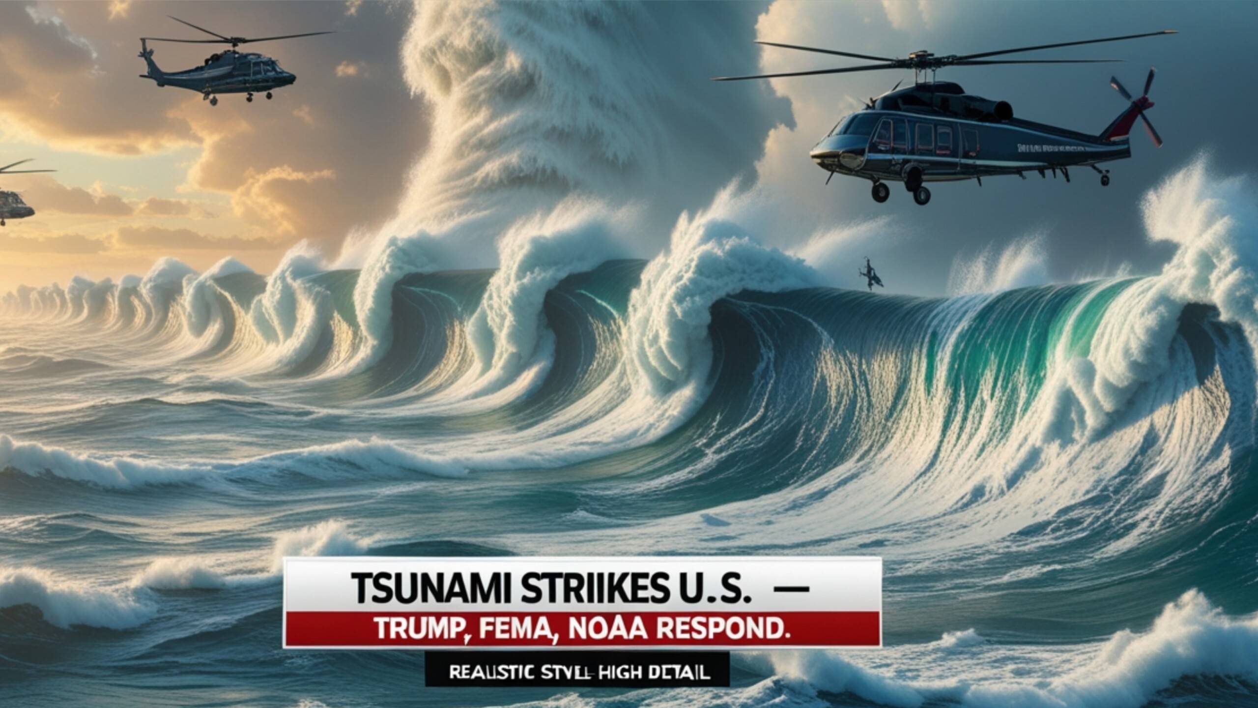Massive tsunami waves crashing onto U.S. coastline as emergency crews respond, with Donald Trump addressing the nation and FEMA rescue helicopters in action.
