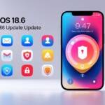 “iPhone showing iOS 18.6 update with icons for Mail, Lock Screen, Control Center, and security patch notification.