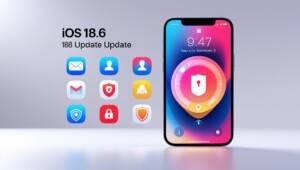 “iPhone showing iOS 18.6 update with icons for Mail, Lock Screen, Control Center, and security patch notification.
