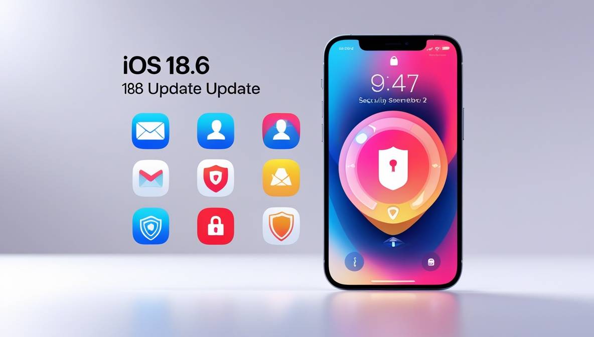 “iPhone showing iOS 18.6 update with icons for Mail, Lock Screen, Control Center, and security patch notification.