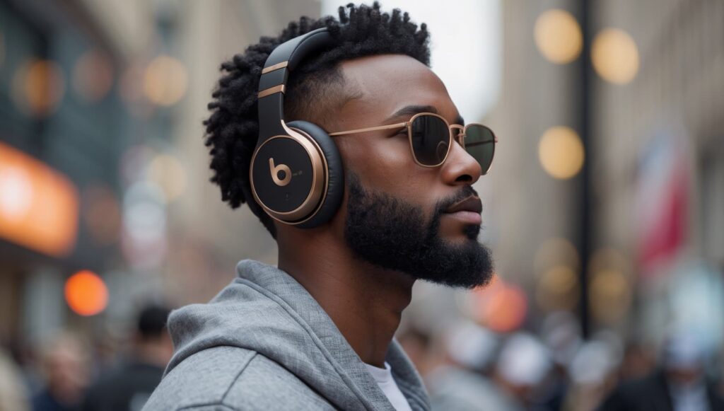 Apple logo surrounded by Beats headphones, AirPods, and smart speakers in a digital tech display