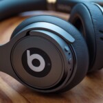 Futuristic Beats headphones with glowing tech effects and USA city skyline in the background