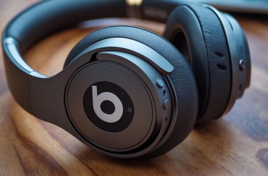 Futuristic Beats headphones with glowing tech effects and USA city skyline in the background