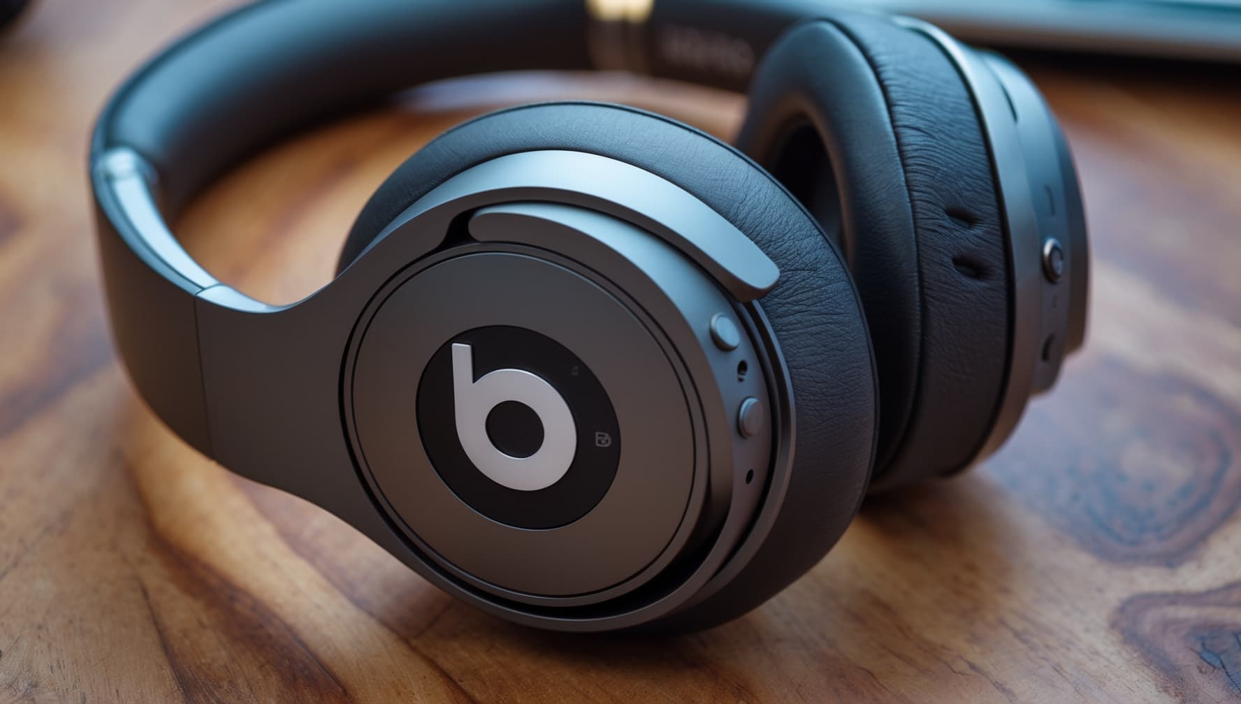 Futuristic Beats headphones with glowing tech effects and USA city skyline in the background