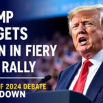 Donald Trump speaking at Ohio rally with Joe Biden in the background, American flags waving