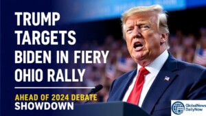 Donald Trump speaking at Ohio rally with Joe Biden in the background, American flags waving