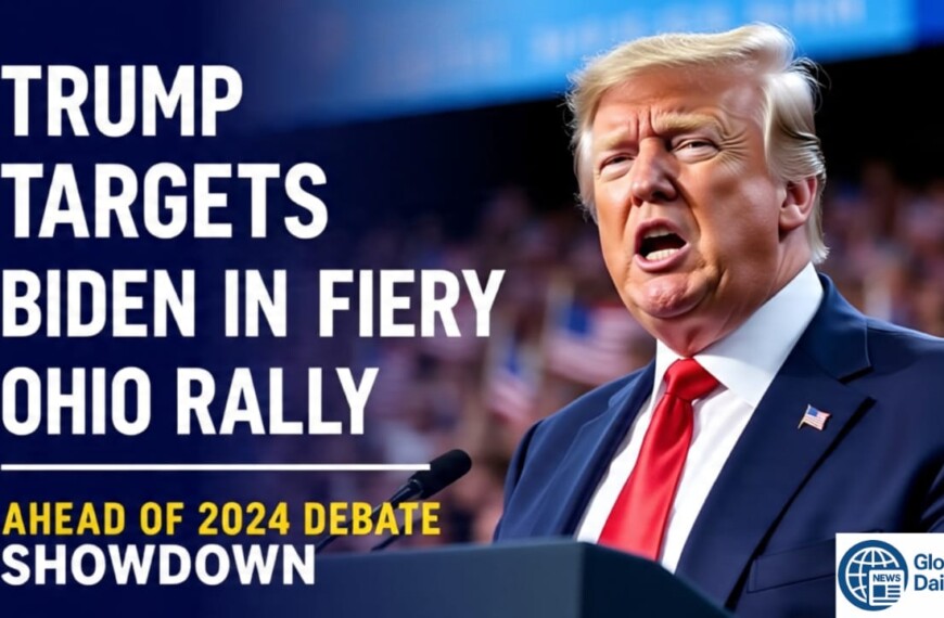 Donald Trump speaking at Ohio rally with Joe Biden in the background, American flags waving