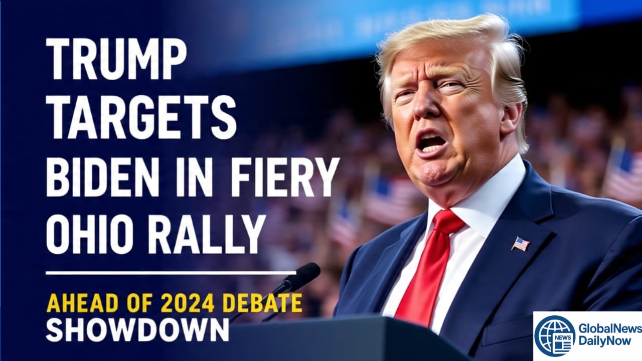 Donald Trump speaking at Ohio rally with Joe Biden in the background, American flags waving