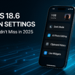 Modern iPhone floating over a neon blue digital background showcasing iOS 18.6 features like Dark Mode, AI Photo Editing, Clipboard History, and Live Widgets.