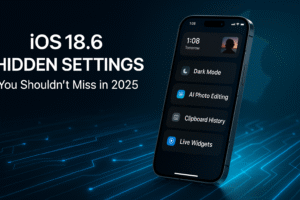 Modern iPhone floating over a neon blue digital background showcasing iOS 18.6 features like Dark Mode, AI Photo Editing, Clipboard History, and Live Widgets.