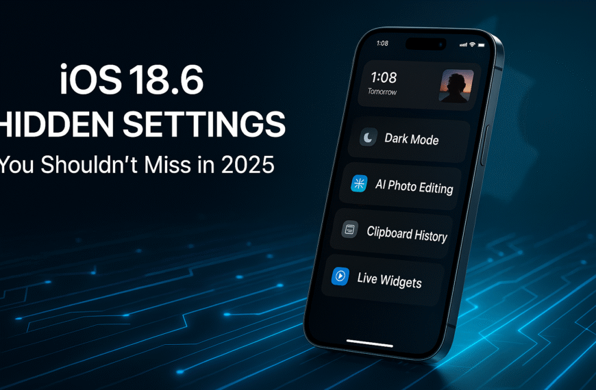 Modern iPhone floating over a neon blue digital background showcasing iOS 18.6 features like Dark Mode, AI Photo Editing, Clipboard History, and Live Widgets.