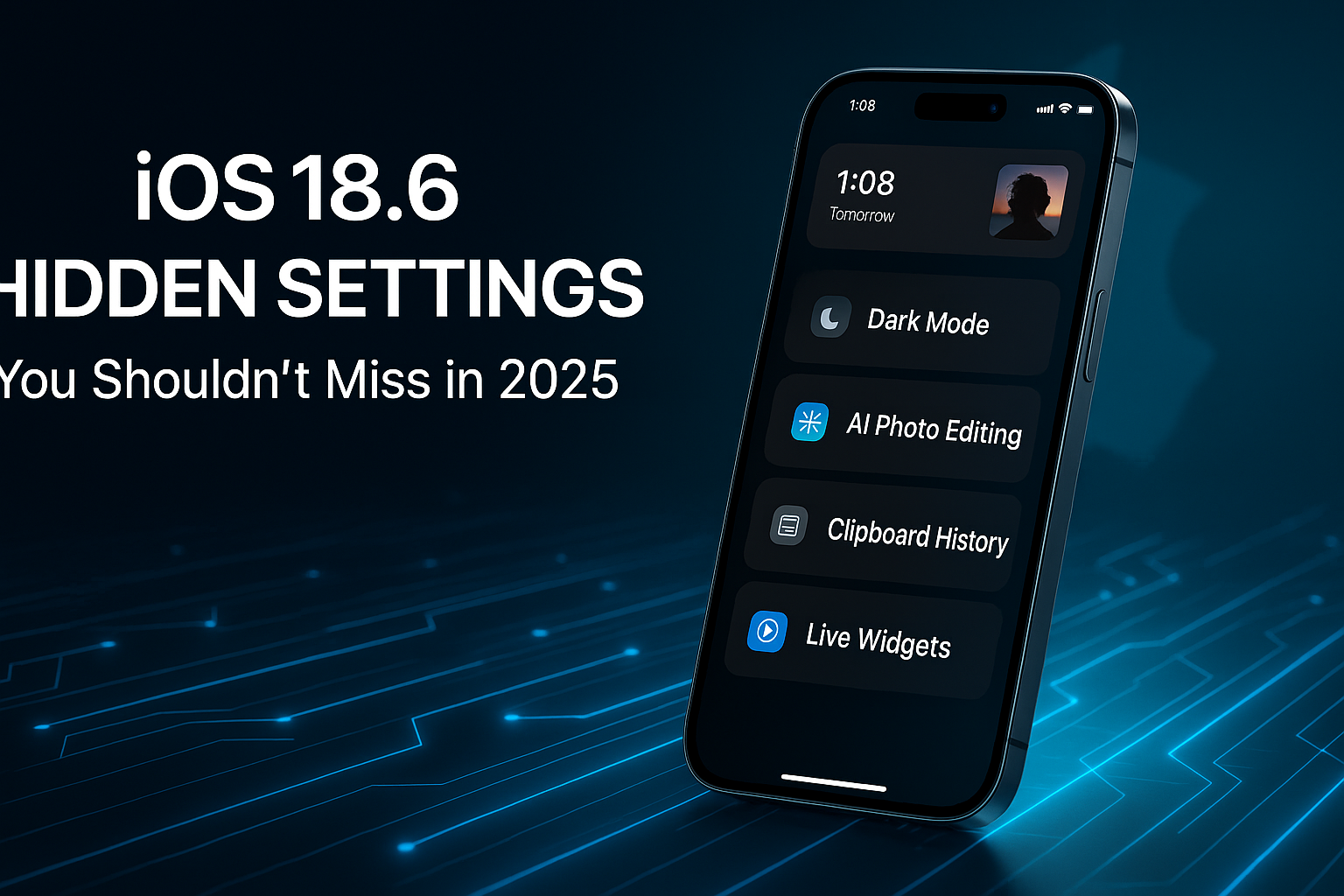 Modern iPhone floating over a neon blue digital background showcasing iOS 18.6 features like Dark Mode, AI Photo Editing, Clipboard History, and Live Widgets.